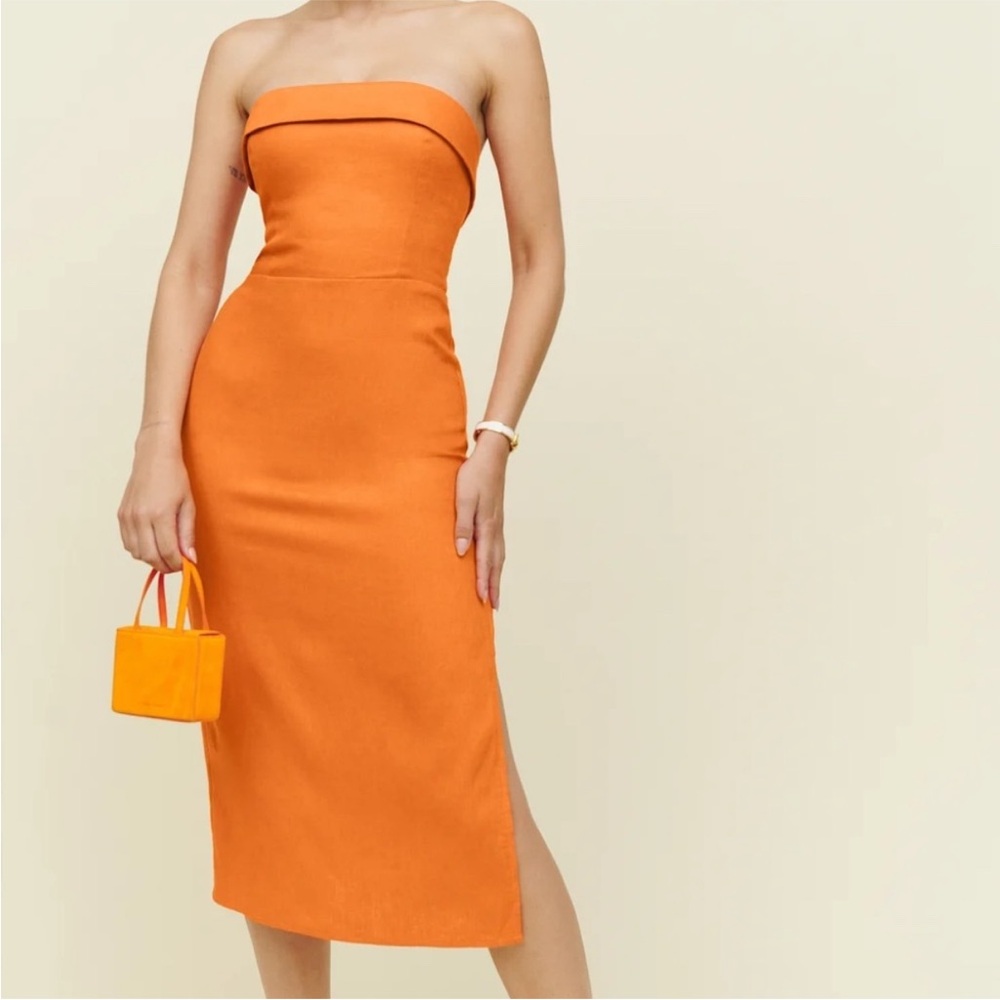 Reformation Marcella Linen Strapless Dress in Citrus